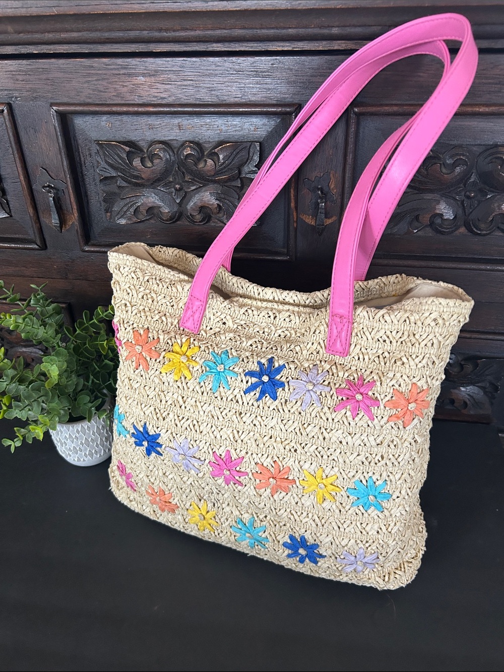 Cat & Jack Straw Tote with Pink Handles and Multicolor Flower Accents